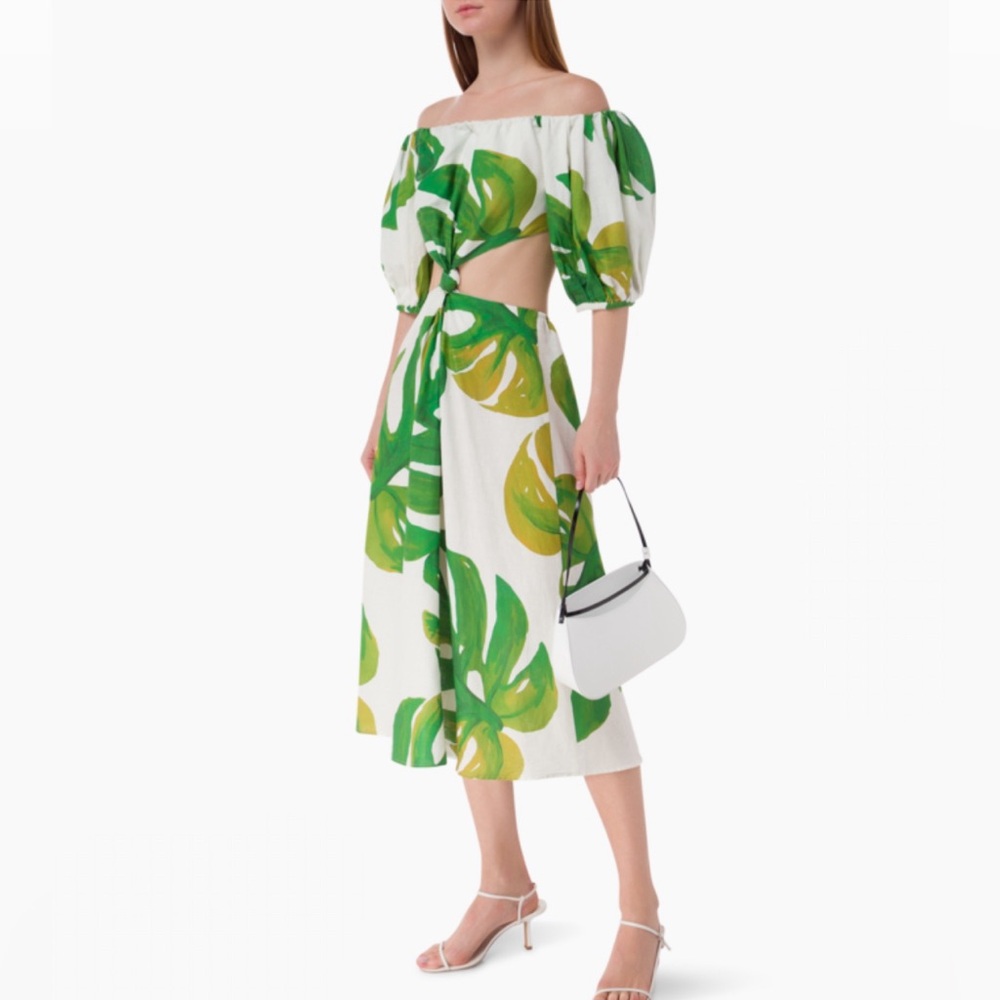 FARM RIO Linen Blend Monstera Midi Knot Dress